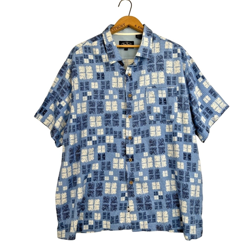 Nat Nast Mens XXL Blue Silk Blend Geometric Camp Shirt Short Sleeve Top